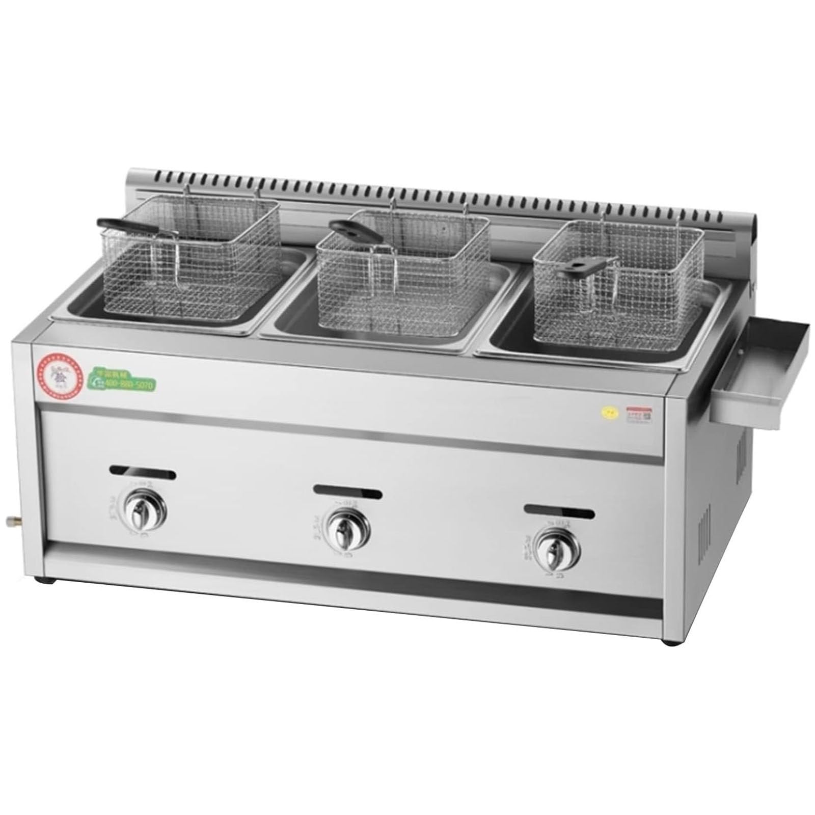 PixCy Freidora De Gas Multifuncional,Freidora De Gas,Freidora De Papas Fritas De Pollo De Acero Inoxidable con Cuchara De Cesta para Restaurante Comercial,Cocina Casera,3tank