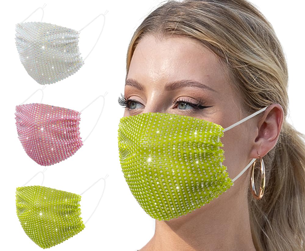 Auriviz 3 Pcs Multi Color Christmas Halloween Facial Coverings Inlaid with Sparkling Crystals and Rhinestone Womens Mesh Face Mask Halloween Birthday Party Decorations Lightweight Breathable Mask