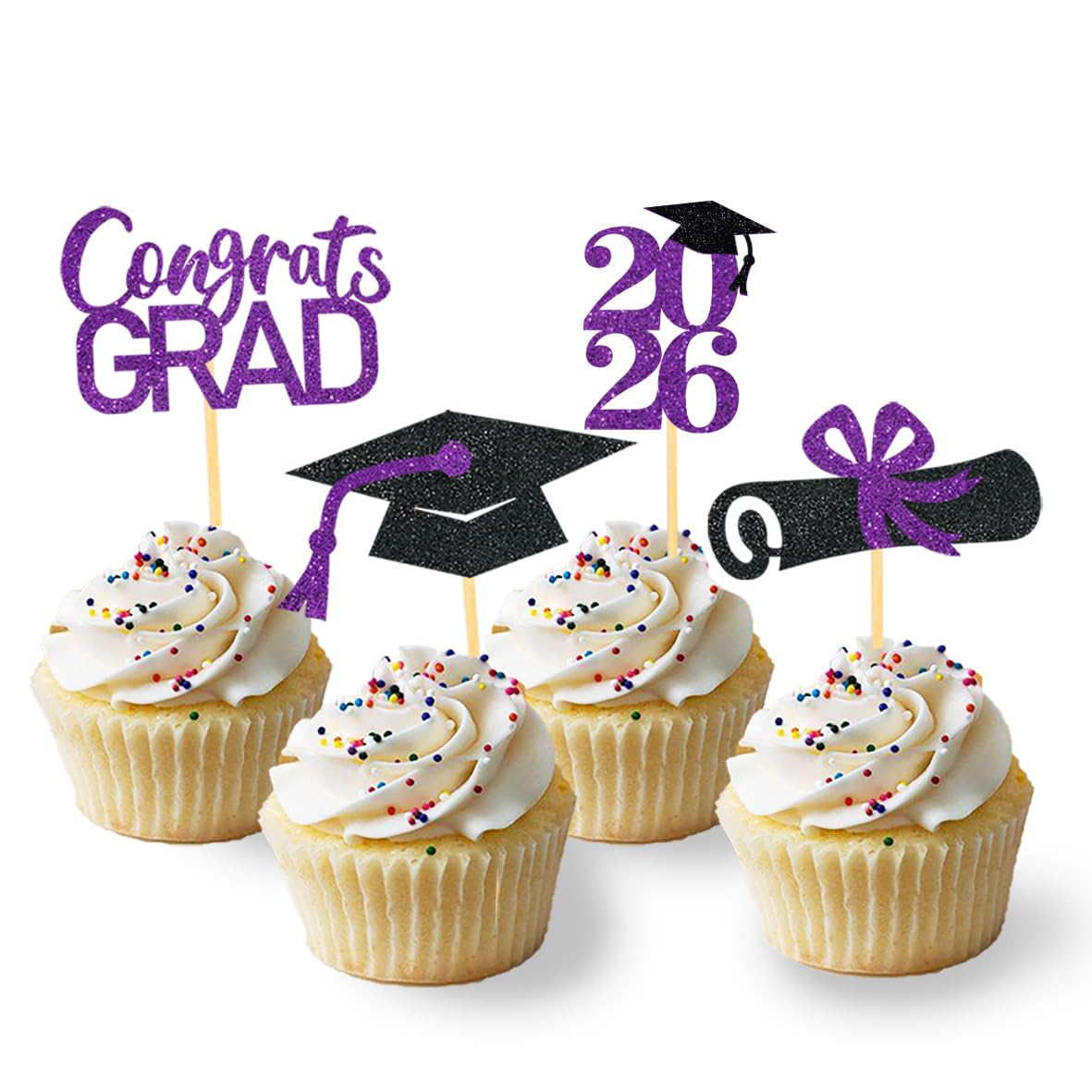 24Pcs Graduation Cupcake Toppers, Graduation Cupcake Picks for Cupcake Food Decorations - Class of 2026 Graduation Cupcake Toppers Supplies (Black & Purple-2026)