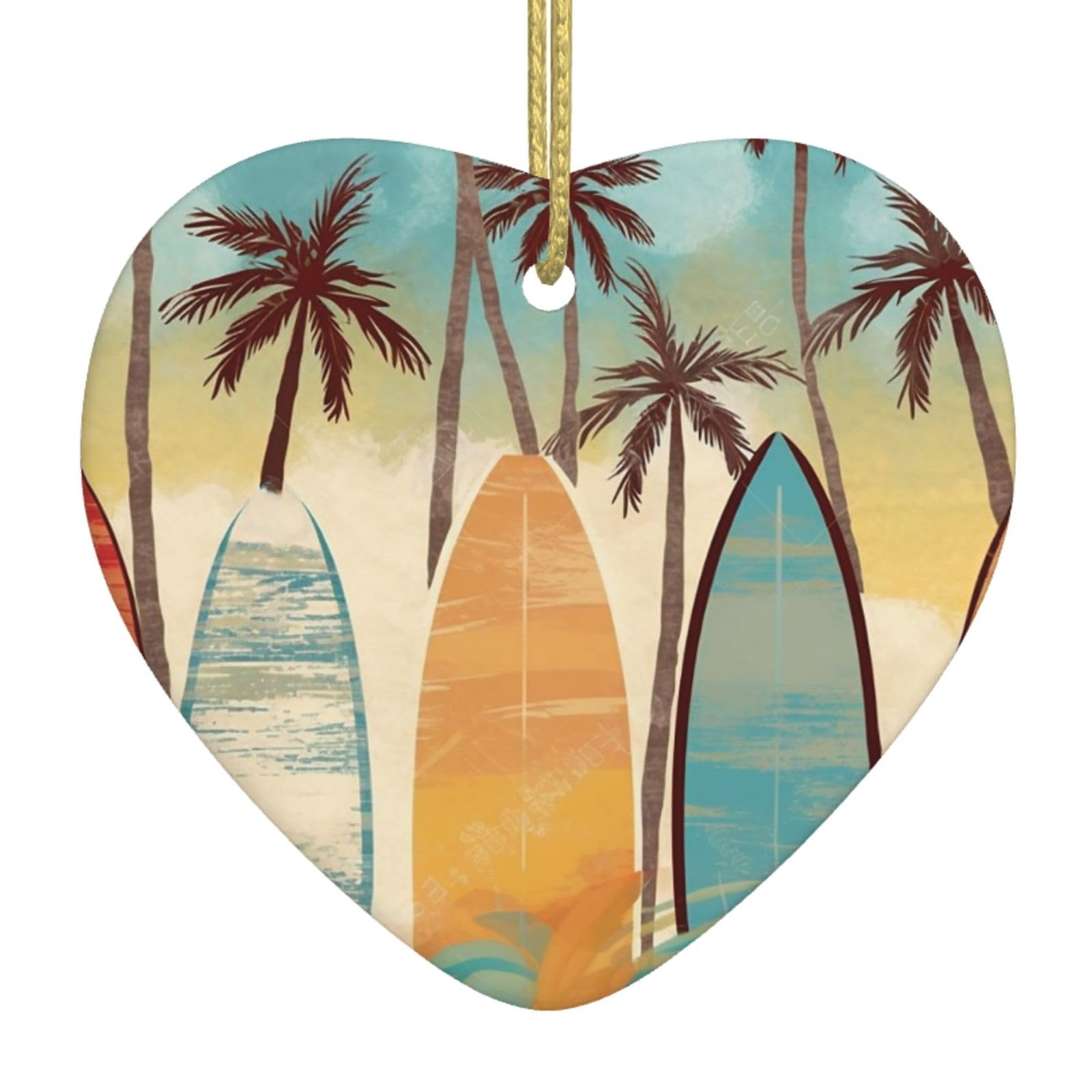 Ceramic Christmas Tree Hanging Ornaments with Gold Ropes Christmas Tree Decorations Heart Ceramic Surfboard Palm Tree Pendant Keepsake Decorations for Holiday Xmas Gift Ideas