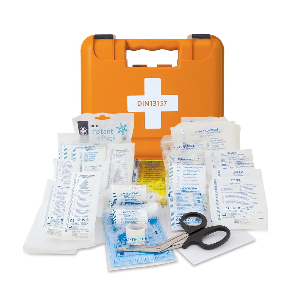Reliance Medical Erste-Hilfe-Set für Arbeitsplätze – DIN 15137 Kit, Behandelt Schnitte und Verletzungen, Wandhalterung, Kasten mit 38 Stück, Für Bis zu 50 Personen