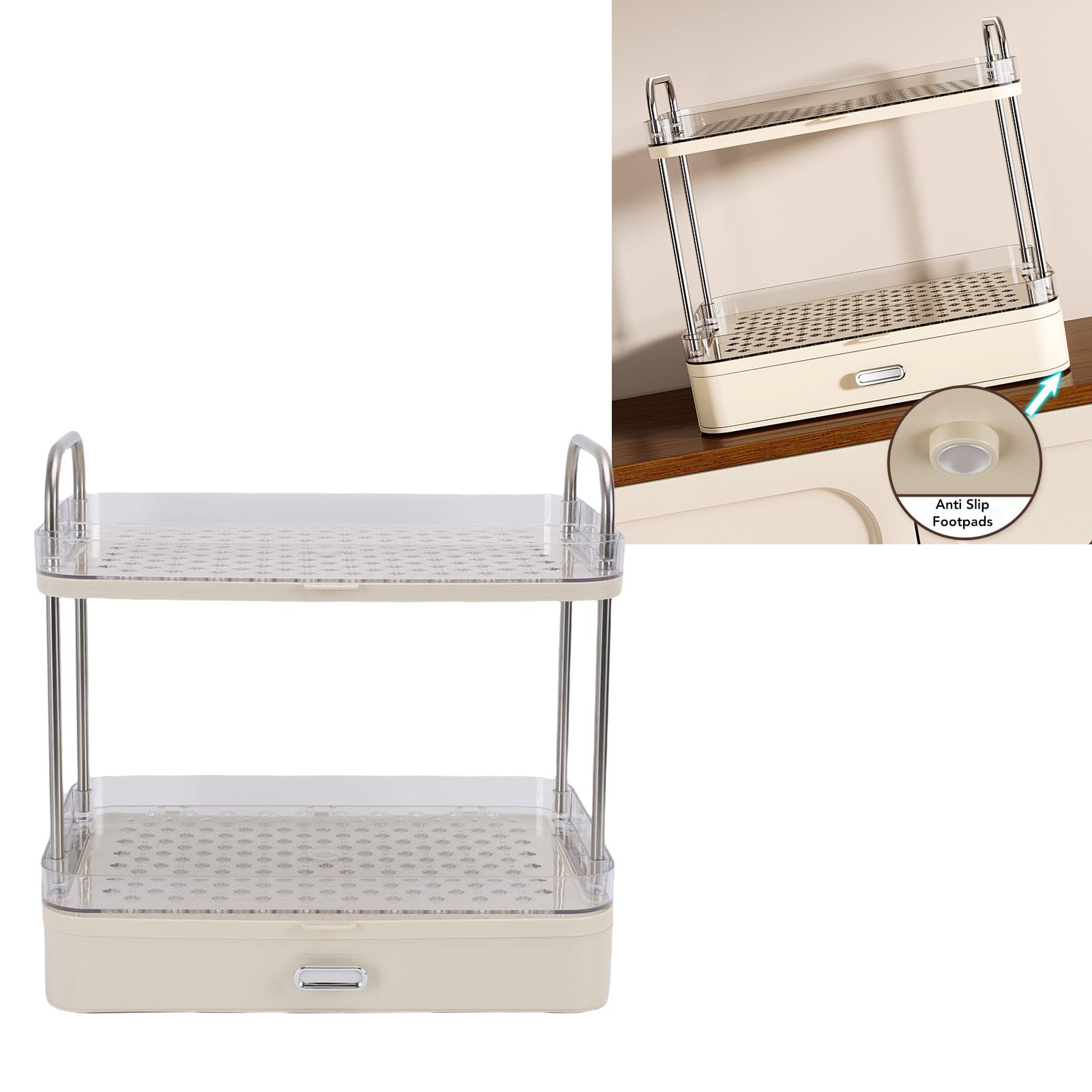 Asixxsix Kaffeetassenhalter, PET-Edelstahl-Kaffeestation-Organizer mit 2 Ebenen und abnehmbarer Abtropfschale, Tassenhalter, Ausstellungsregal für Kaffeezubehör, Gewürzdosen (Cremeweiß)