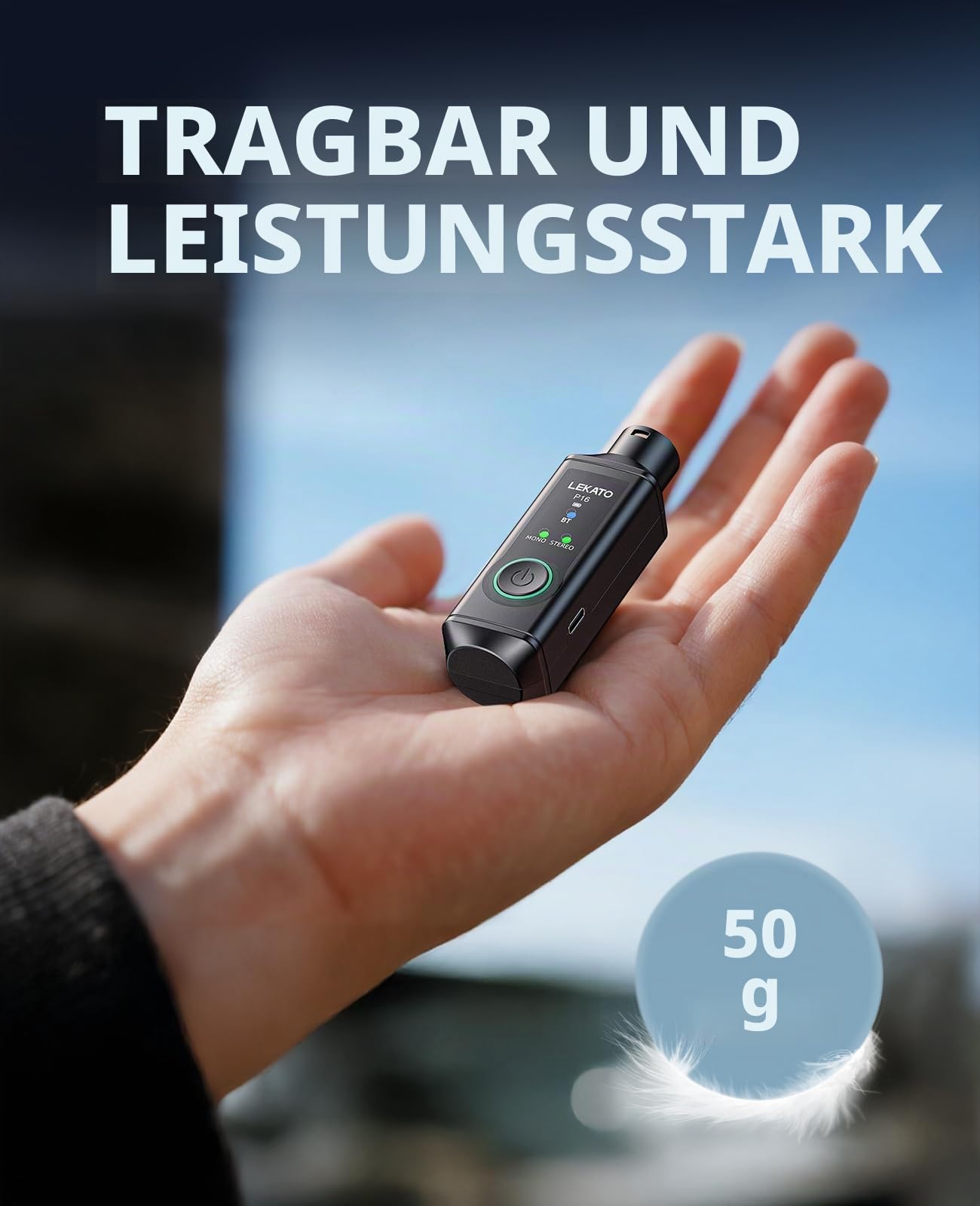 LEKATO P16 Bluetooth XLR Empfänger, 2 Hi-Fi Empfänger mit 50 m Reichweite, Stereo Funk-Audioempfänger mit 15H Akkulaufzeit, Mono/Stereo-Modus, Bluetooth-Adapter für PA, DJ und Mixer
