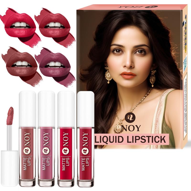 Image of Noy Liquid Lipstick Velvet Matte Formula That Won't Dry Out Lips - Creamy Nude, Nude Pink, Red Magenta, Venetian Red Shades Pack of 4