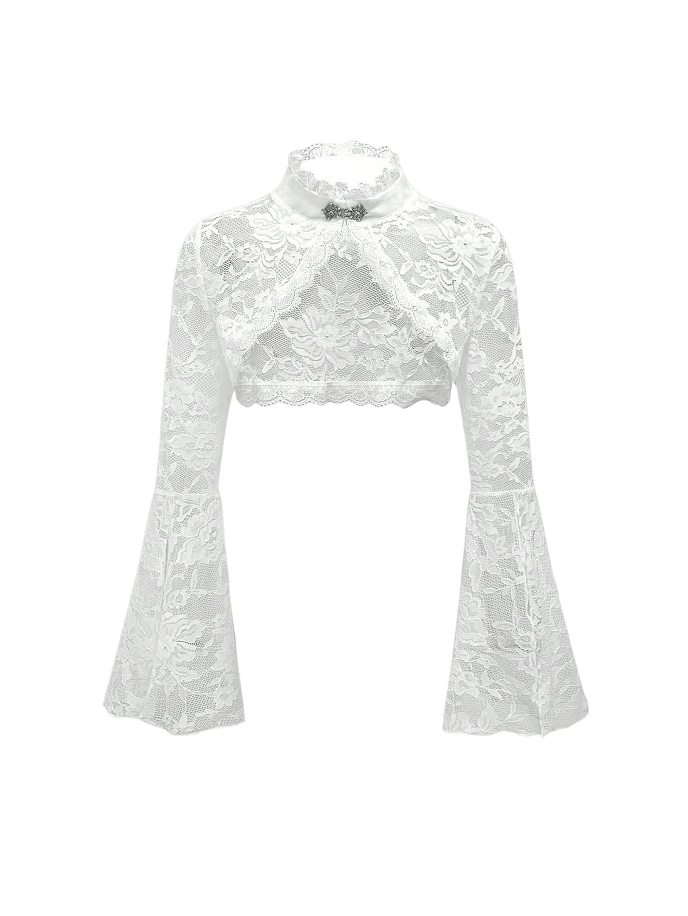 OYOANGLE Womens Floral Lace Mesh Bell Sleeve Shrug Open Front Stand Collar Goth Crop Tops