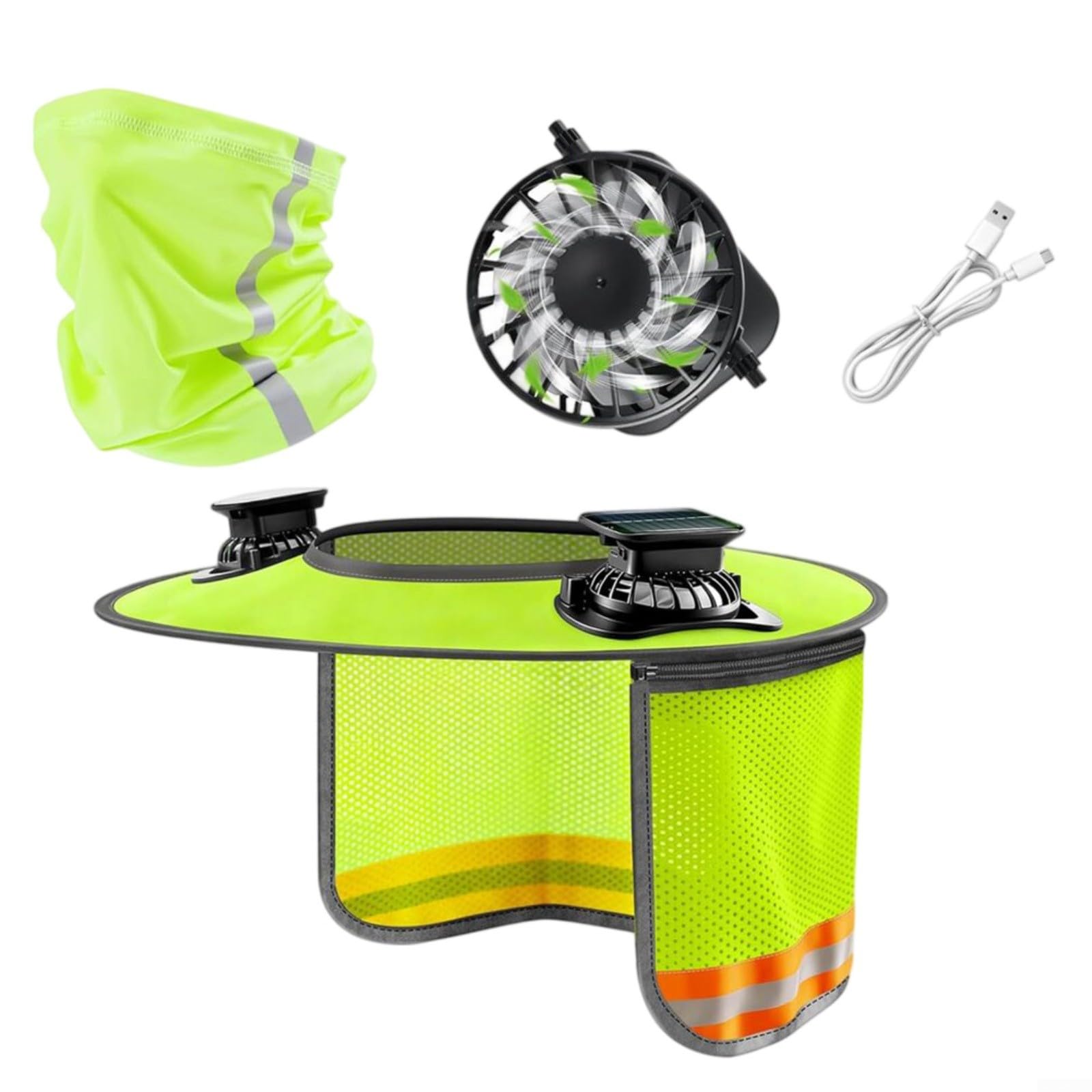 Parasol para casco duro con ventiladores solares duales, visera de ala completa con capa de malla desmontable y polaina para el cuello, accesorio de enfriamiento recargable por USB