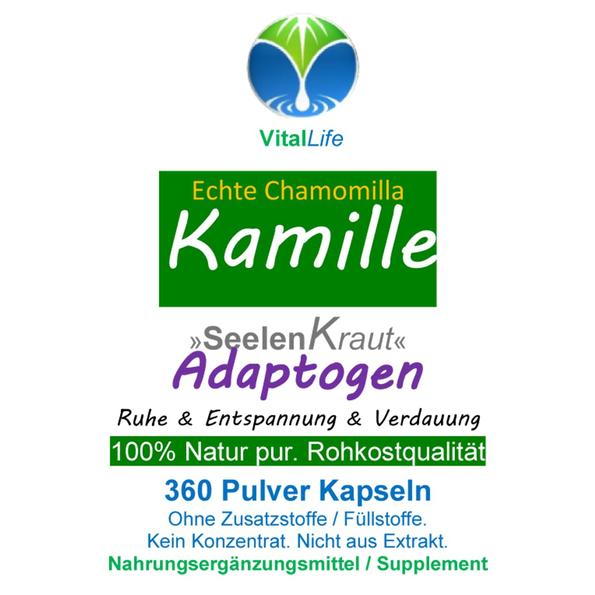 Echte KAMILLE Chamomilla Kamillenblüten 360 Kapseln - MAGEN & DARM - Adaptogen + Seelenkraut für ENTSPANNUNG. 100% NATUR PUR - OHNE ZUSATZSTOFFE. 27120-360