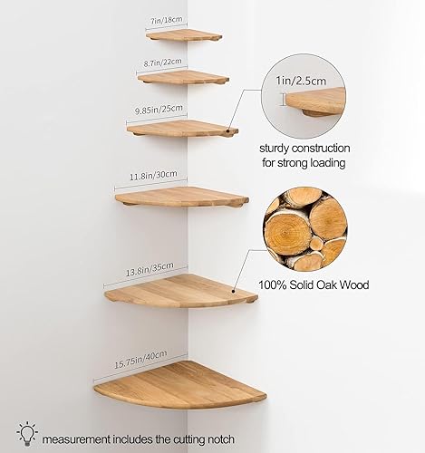 Miniatura 6 de BEUGAWHOO Estante esquinero para montaje en pared, estante flotante de madera de roble de 14 pulgadas, extremo redondo, mesita de noche pequeña,