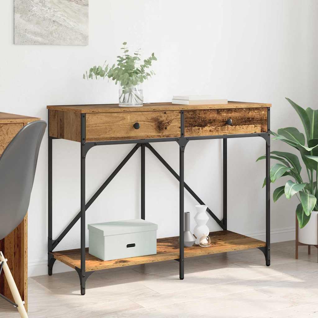 Consolle in legno anticato, 100 x 39 x 78,5 cm, con cassetto e scaffale, stabile struttura in metallo, tavolino rustico per corridoio, soggiorno, camera da letto, pratico