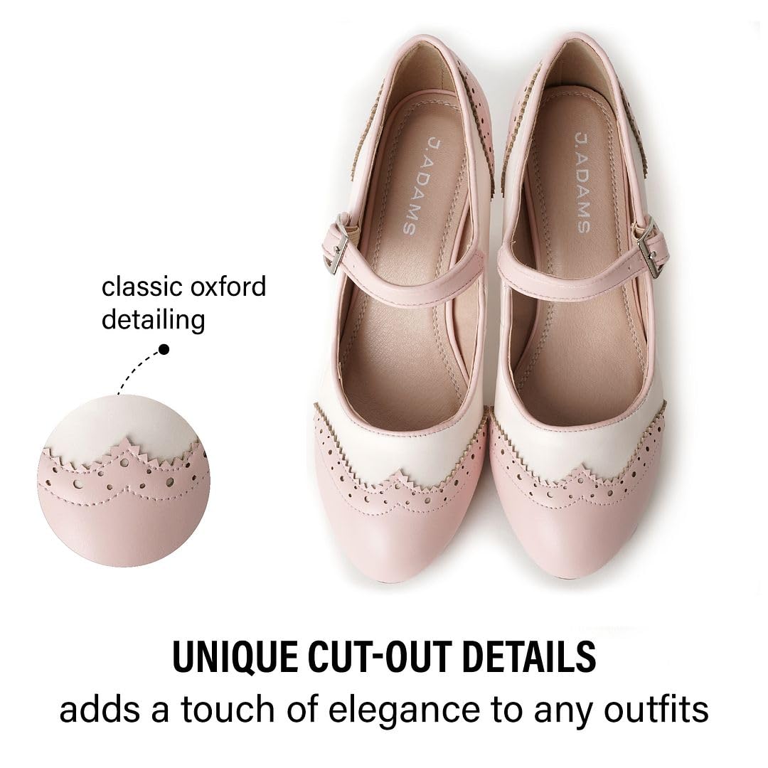 J. Adams Mary Jane Oxford Pumps - Cute Low Kitten Heels - Retro Round Toe Shoe with Ankle Strap - Kym