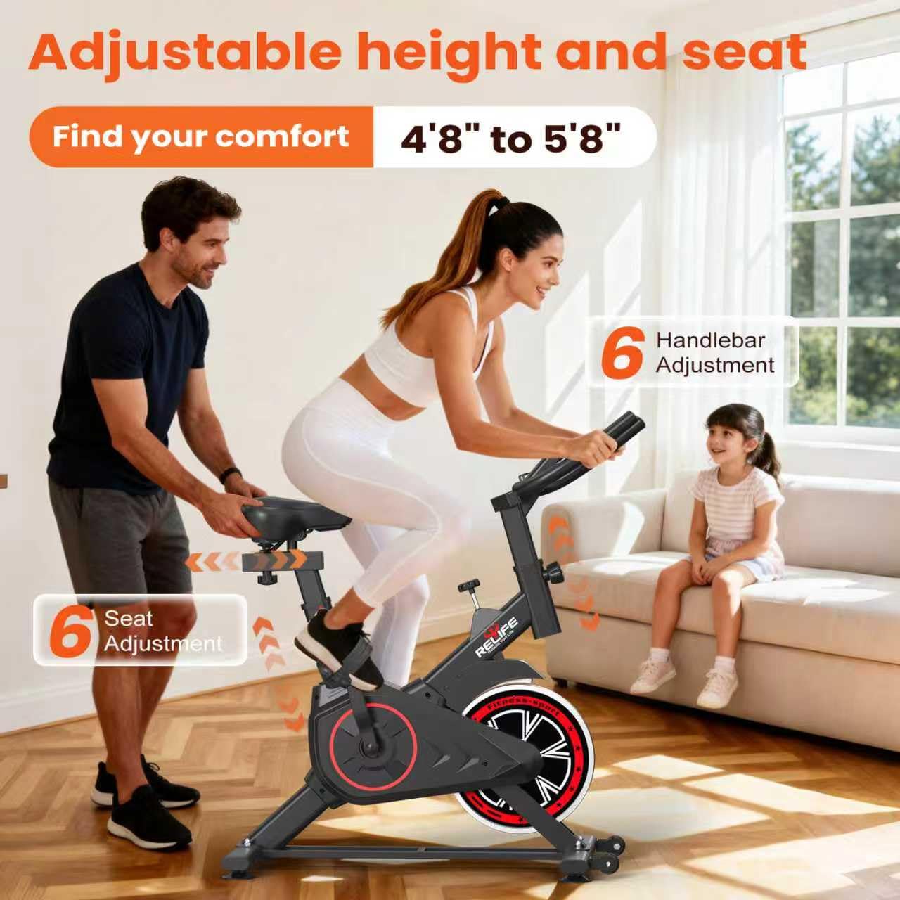 RELIFE REBUILD YOUR LIFE Exercise Bike Stationary for Home Indoor,Cycling Bike with Silent Belt Drive for Home Cardio,Brake Pad Resistance with djustable & Comfort Seat/PAD Holder/LCD Monitor.