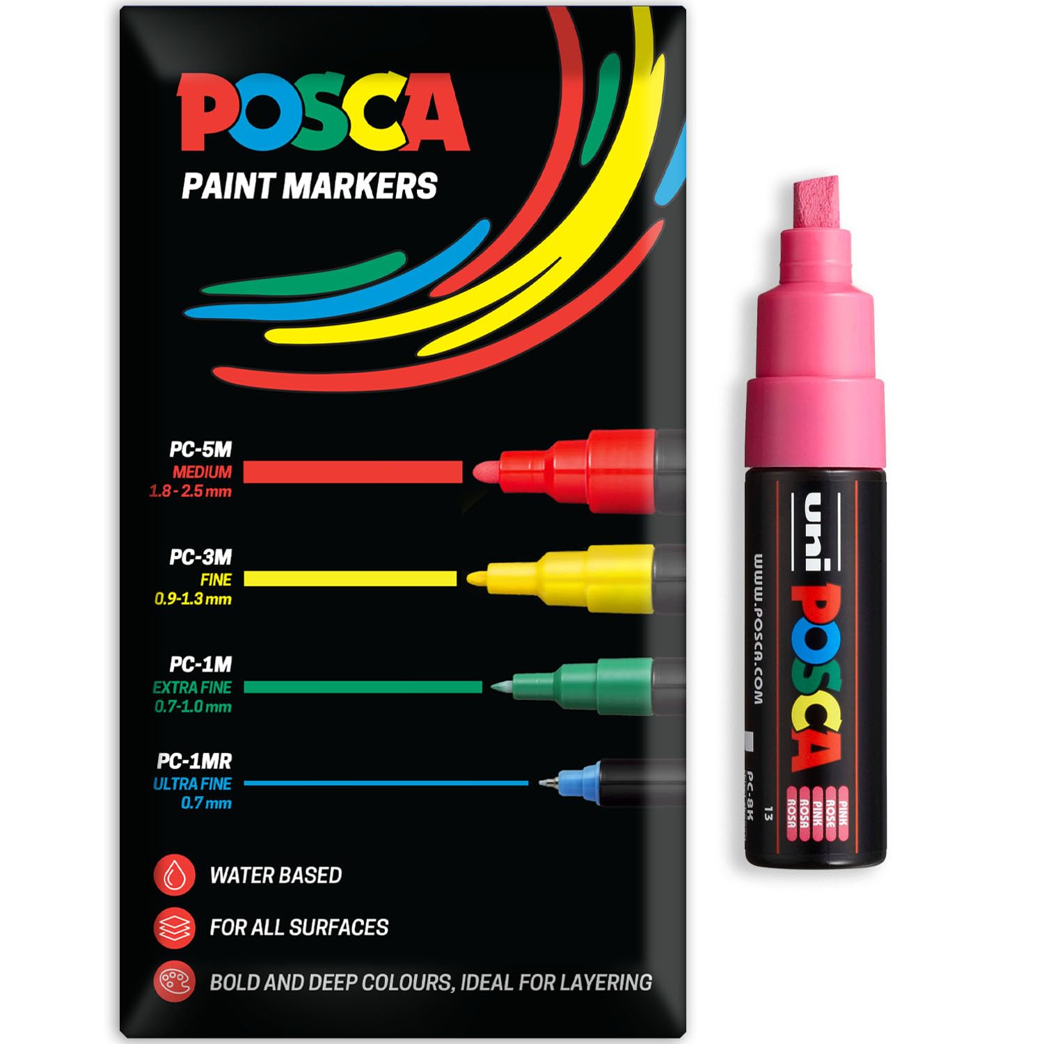 Posca Water Based Acrylic Paint Marker Pens | Multi Surface Use Permanent Paint Pen | Pack of 1 in Envelope Gift Packaging | Glass, Fabric, Wood etc | Chisel Tip PC-8K, Pink — image 1
