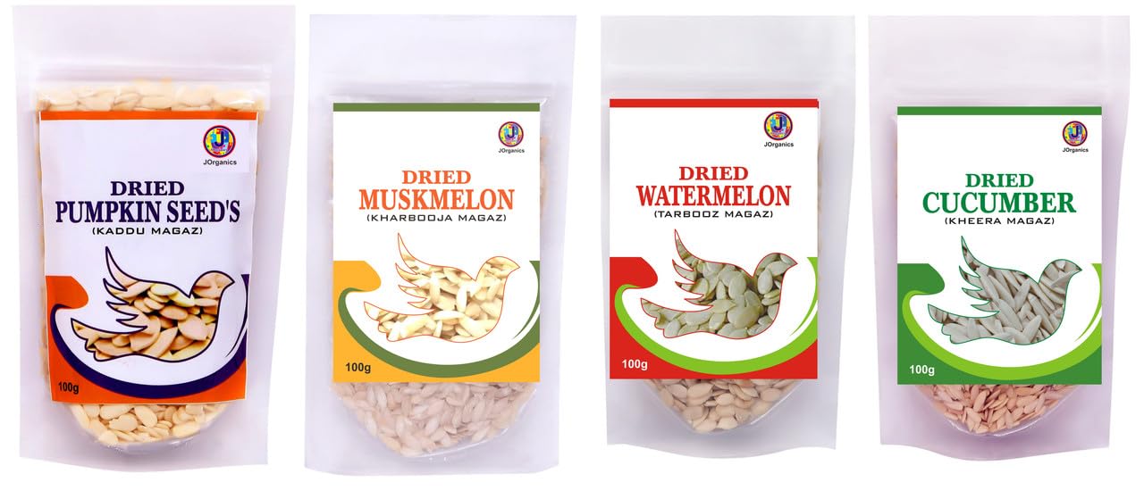 JOrganics Combo Pack: 100g Each of Char Magaz Cucumber Pumpkin Watermelon & Muskmelon Seeds - Premium Edible Seeds Pack of 4