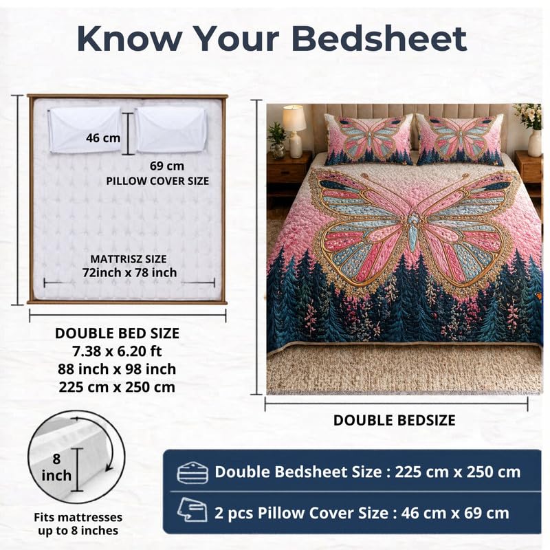 Image of Akshya Double Bedsheet King Size (90x100 Inch) with 2 Pillow Covers | 300 TC Microfiber Soft Bedsheet | Pink Butterfly Floral Printed Bedsheet for Double Bed