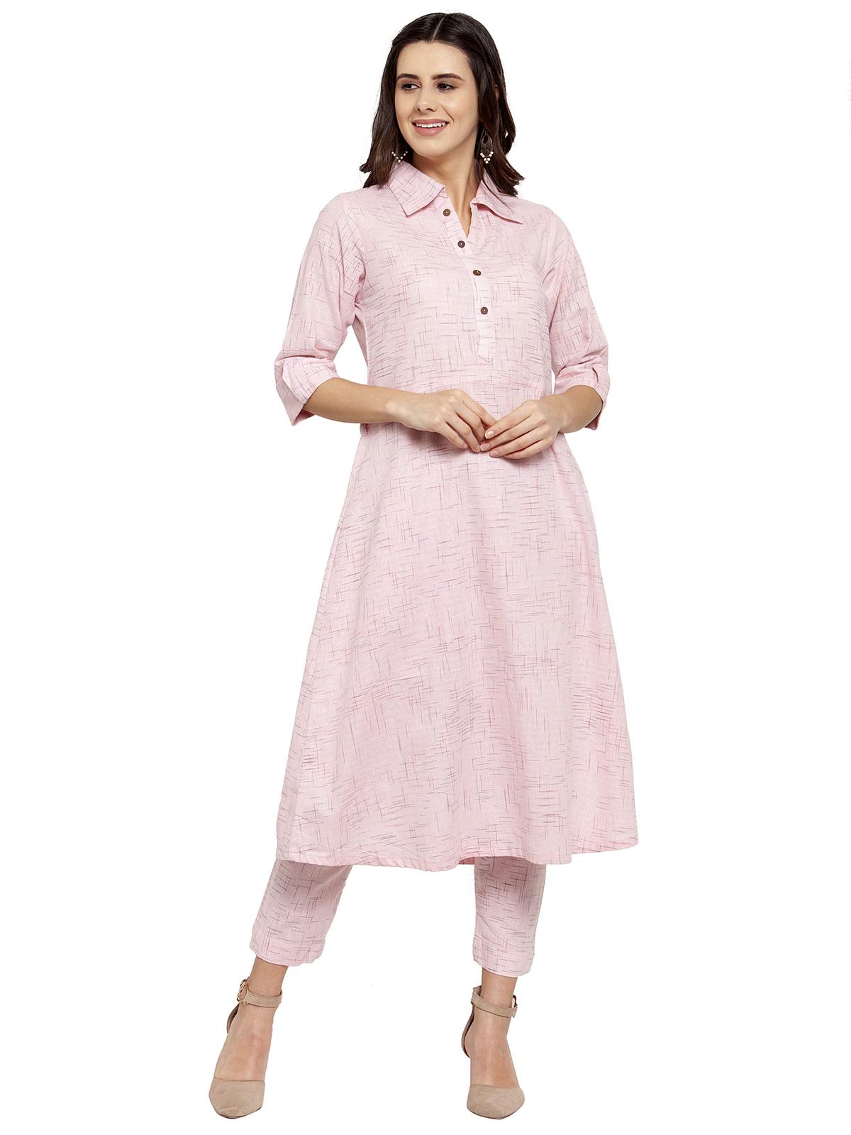 sayesha Baby Pink Shirt Collar A-Line Cotton Kurti with Culotte-picture-31