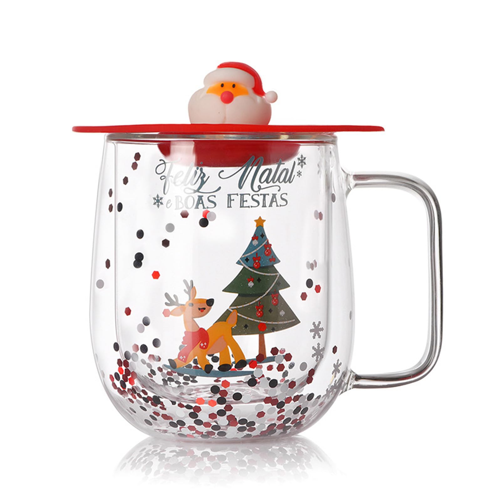 Xinsheinelry Insulated Christmas Glasswares Holiday Seasonal Coffee Mugs Insulated Glass Cup for Coffee Hot Chocolate Glass Mug