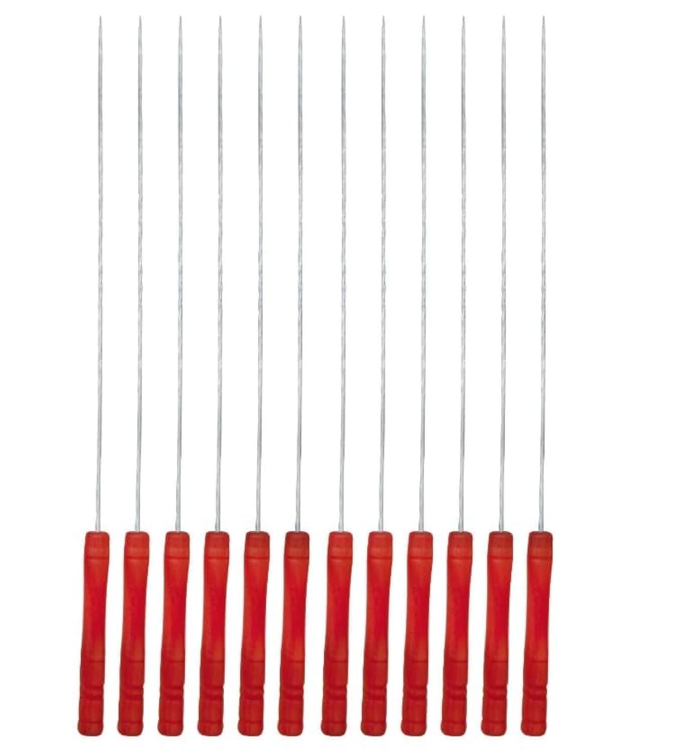 Stainless Steel Kebab Skewers Long Skewers Barbecue Skewers Reusable Metal BBQ Skewers with Wood Handle, Red/Silver, 30 cm, Pack of 12