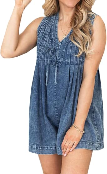 cffvdiz Womens Summer Sleeveless Shorts Denim Jumpsuit Rompers