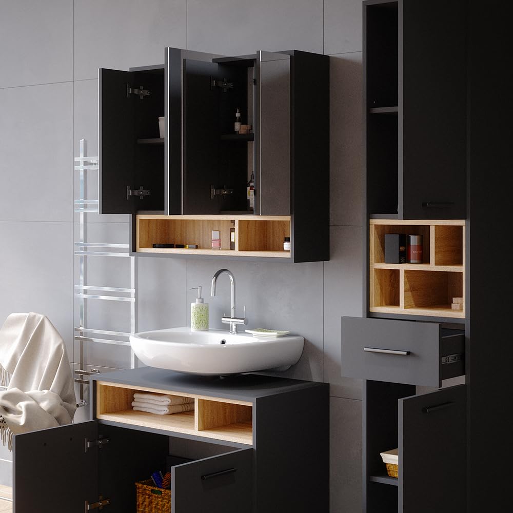 Vicco Armoire de Toilette Beatrice, Anthracite, 80x72cm | pour montage mural avec étagères ouvertes
