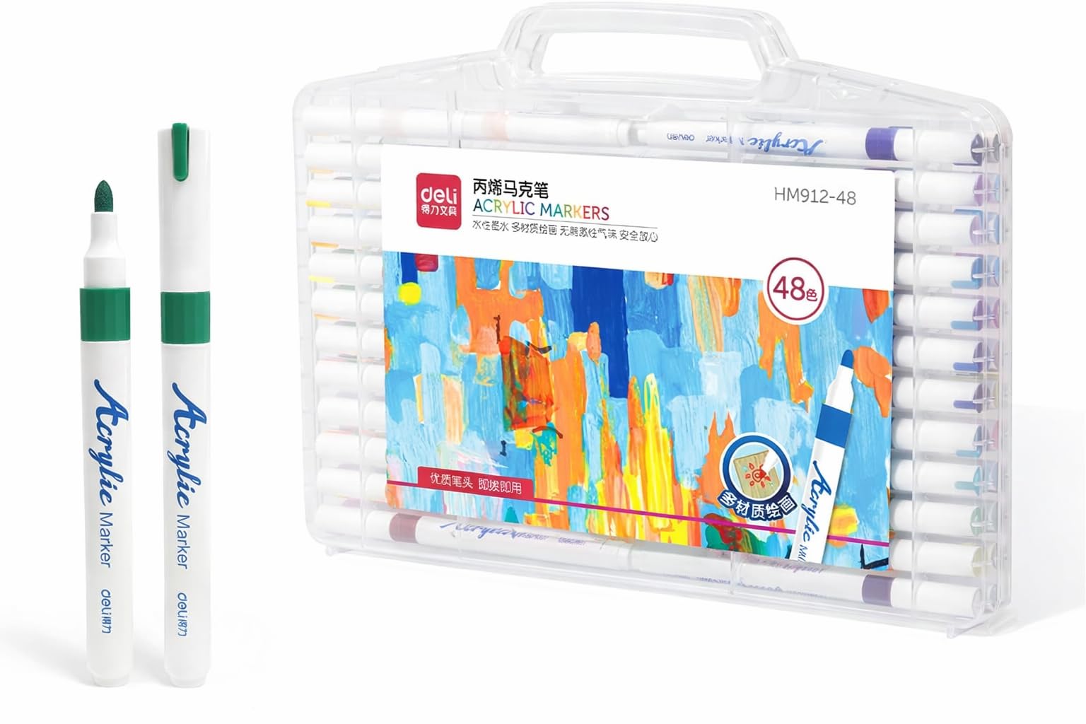 deli Acrylic Paint Markers 48 Colors – Professional Water-Based Art Markers for Wood, Canvas, Plastic, Metal & Craft Projects