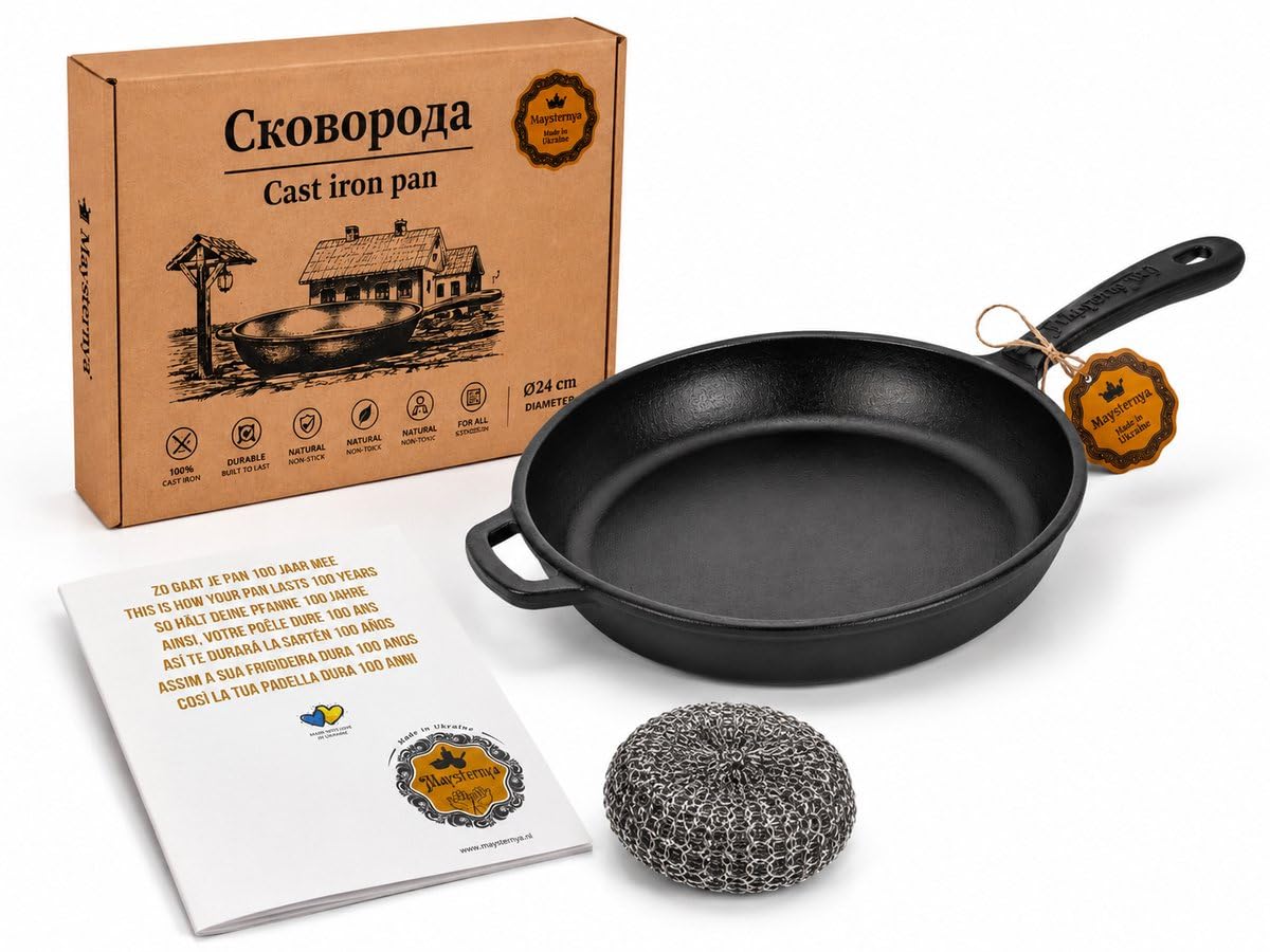 Sartén de Hierro Fundido Ø24 cm – Apta para Inducción, Horno y BBQ – Sin PFAS – Sartén con Mango Metálico – Resistente – Negra