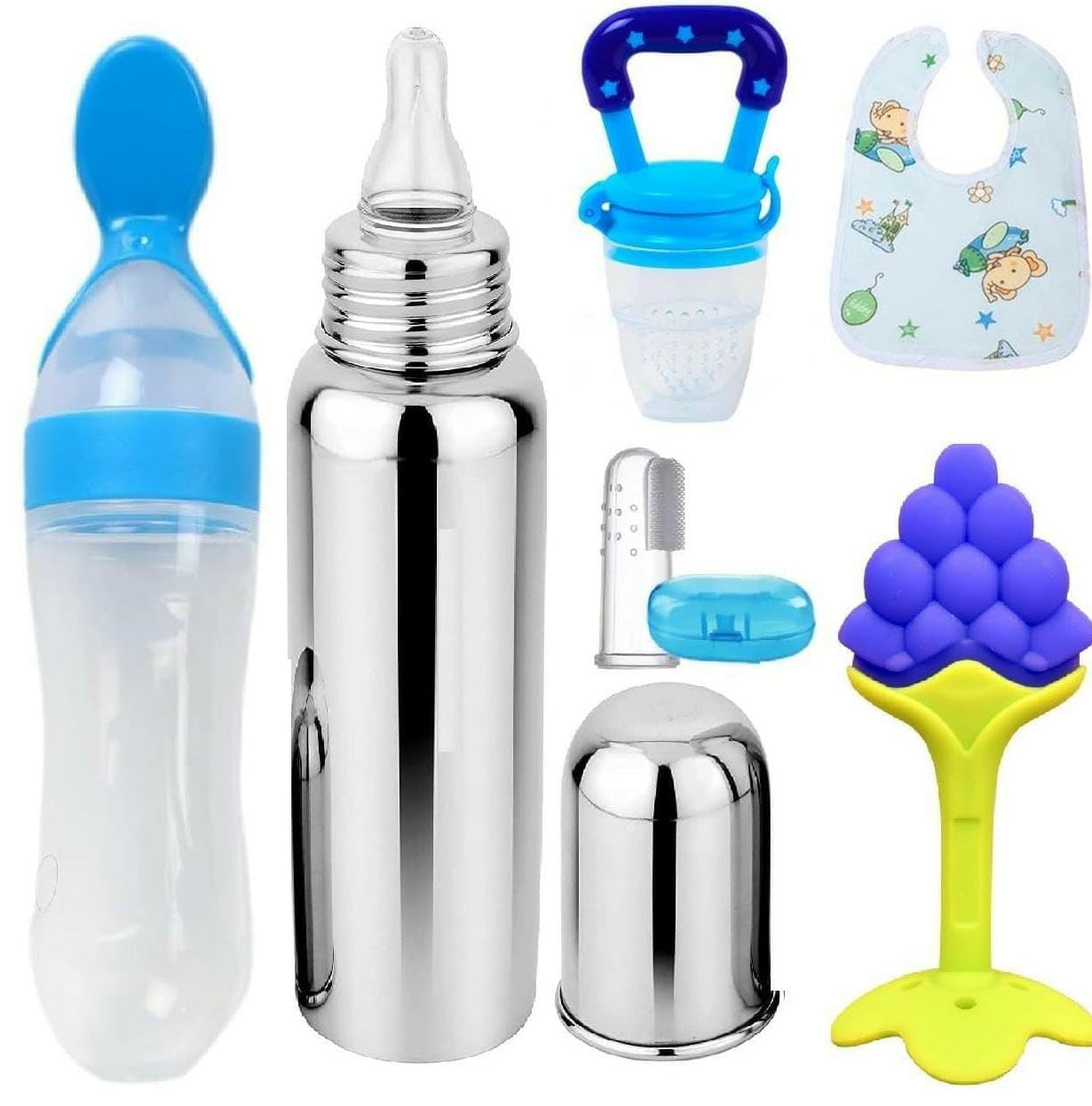Baby Fruit Feeder Pacifier (1 Pcs) with 1 PCS Silicone Food Dispensing Spoon 90ML and 1 pcs Fruit Teether 1pcs Finger Brush 1 pcs Baby bib 1 pcs Steel Bottle 240 ML (Blue)-image-41