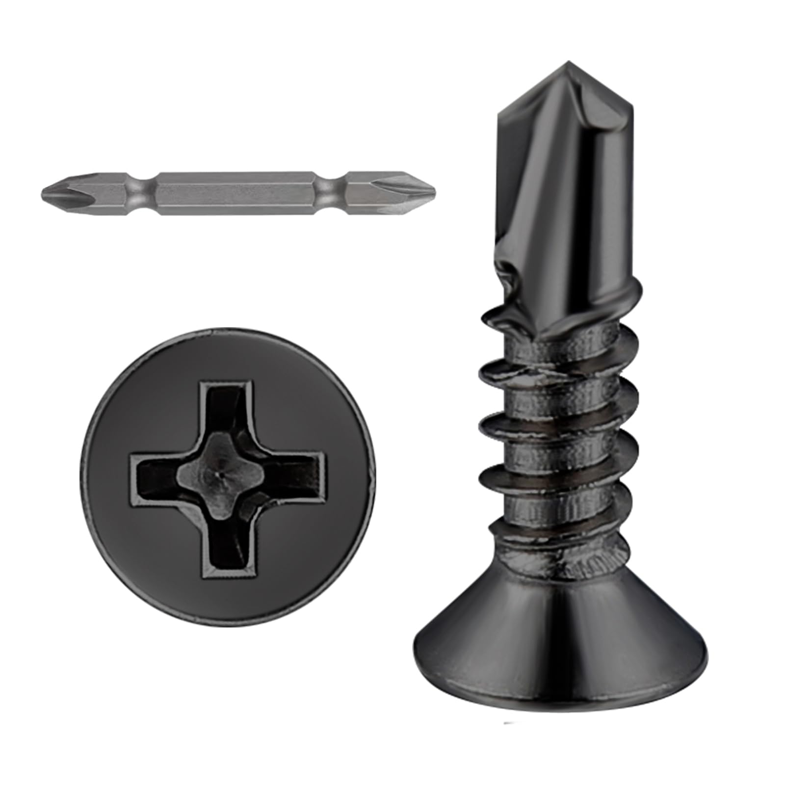 Wensilon（500pcs）#8×5/8”for Sheet Metal Self-Tapping Screws 304 Black Stainless Steel Flat Head High-Strength Quick self-Drilling Screws