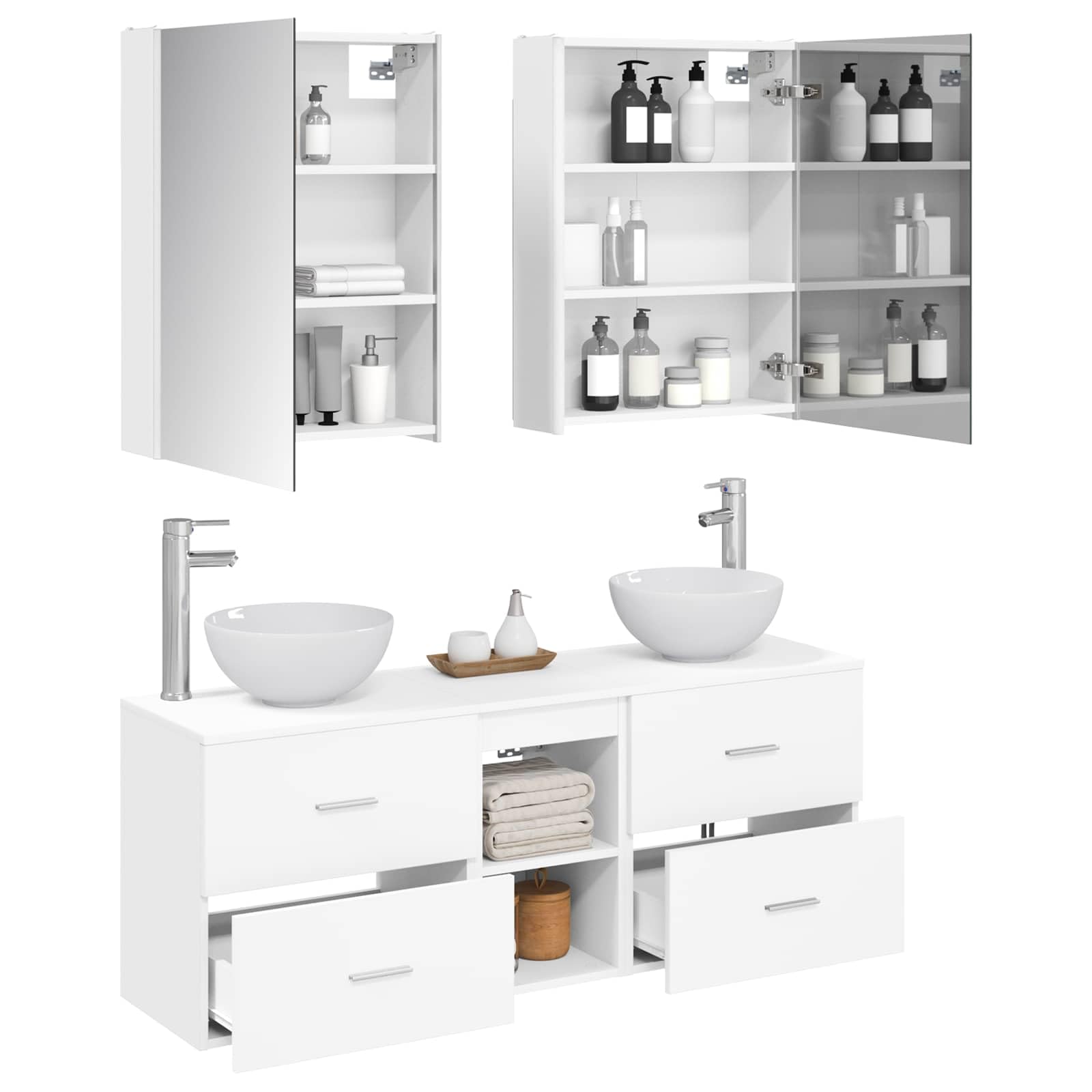 Juego de 5 armarios de baño, color blanco, 53 x 15,5 x 70 cm, resistente a la humedad, montaje en pared con luces LED de espejo, ahorro de espacio, diseño moderno, ideal para baños y