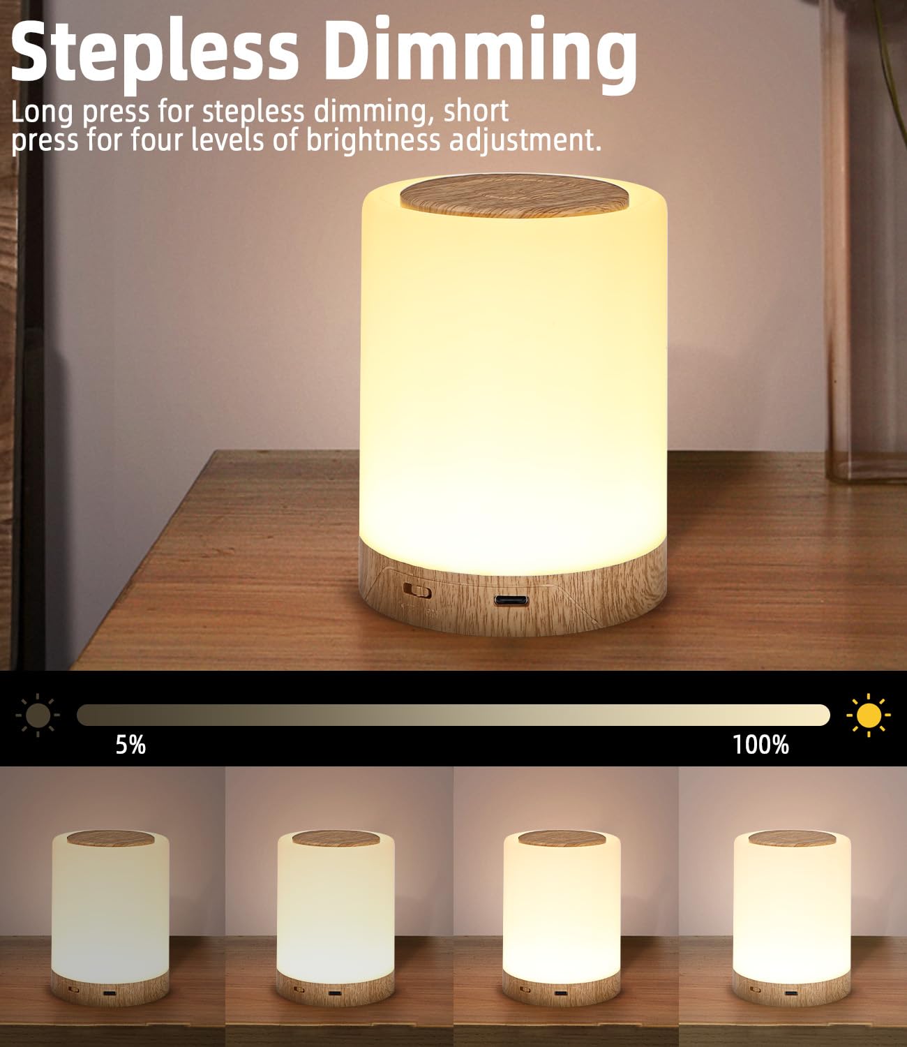 Glas Tischlampe Kabellos Akku LED Nachttischlampe Touch