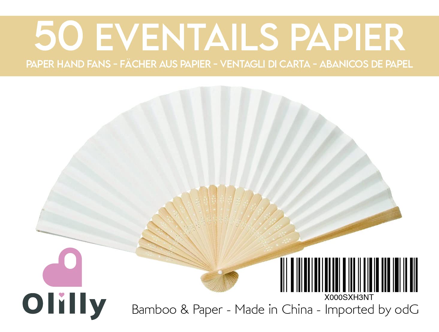 OLILLY - 50 x Ventagli di carta Bianca e Bambù per Matrimoni (Bianco, 50 ventagli)