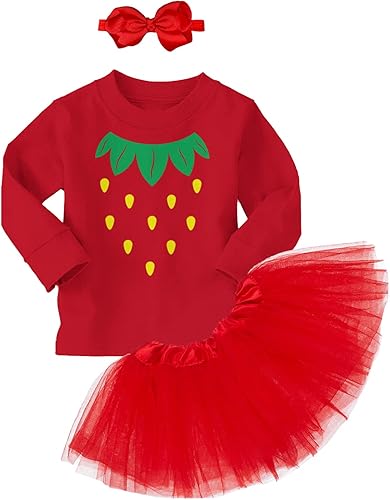 Tcombo Disfraz de fresa, lindo y adorable body de bebé + falda tutú + diadema de lazo