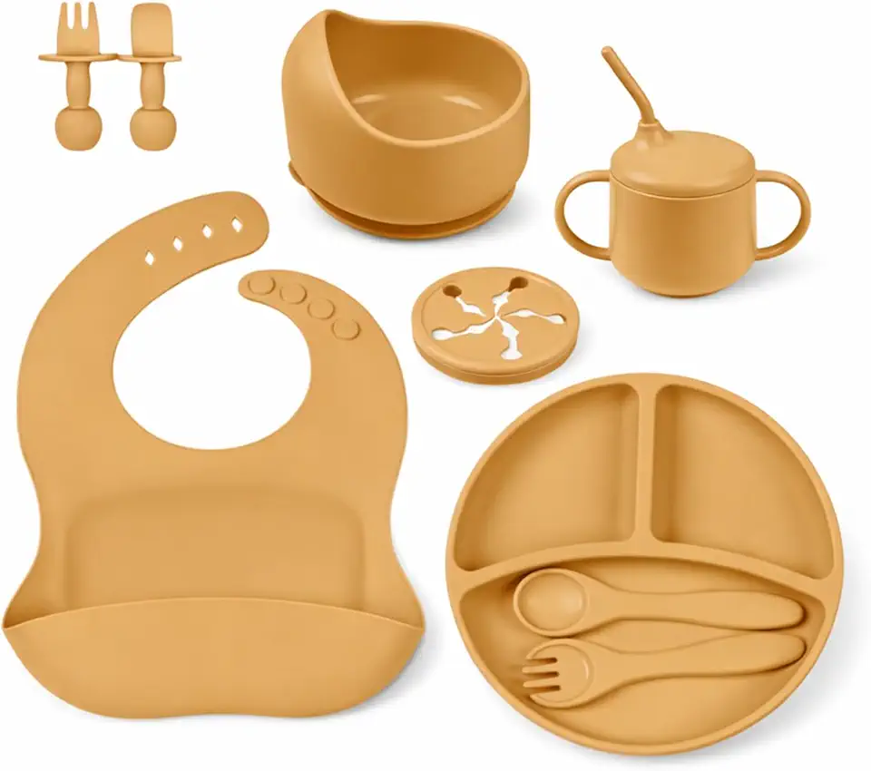 Kit de Alimentação para Bebê 8 Peças em Silicone Livre de BPA, com Ventosa Antiderrapante, Prato Divisório e Babador, Presente para Introdução Alimentar(Amarelo)
