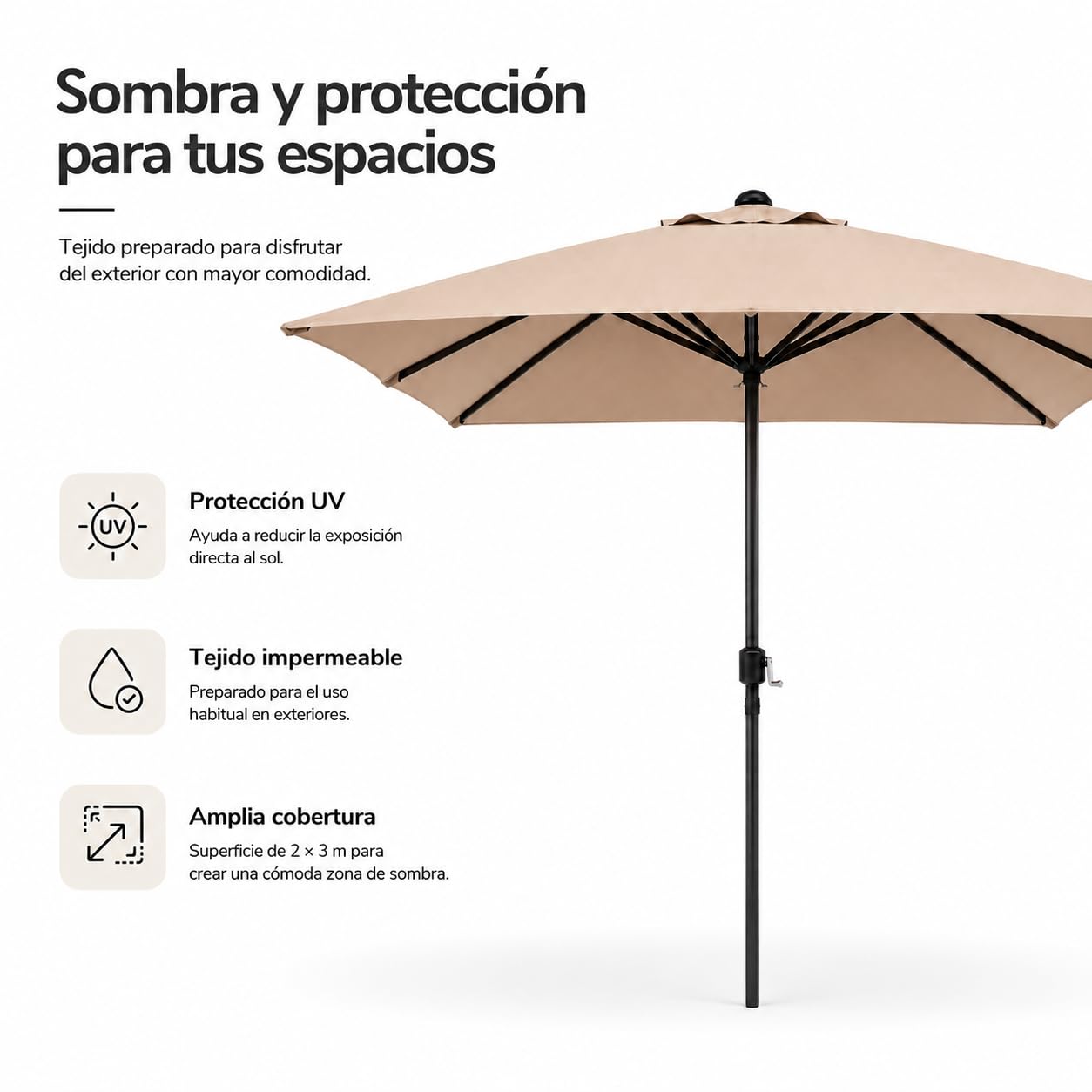 Sombrilla de Jardín – Parasol Exterior con Manivela, Altura Ajustable, Protección UV, Tejido Impermeable y Estructura Metálica Negra
