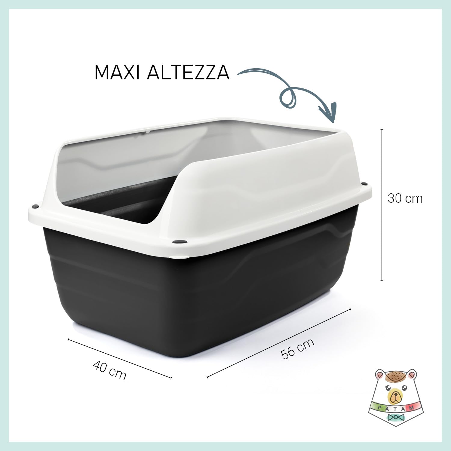 Patam Offene Katzentoilette mit hohem Rand und gratis Schaufel 56 cm x 40 cm x 30 cm Made in Italy - Attila Grau