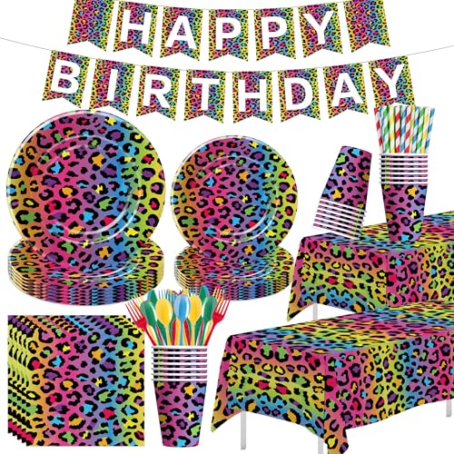 Owelleny Leopard Party Decorations 195Pcs Cheetah Print Birthday Party Supplies Plate Napkin Cup Banner Tablecloth Cutlery Iridescent Rainbow Leopard Birthday Decorations Serves 24