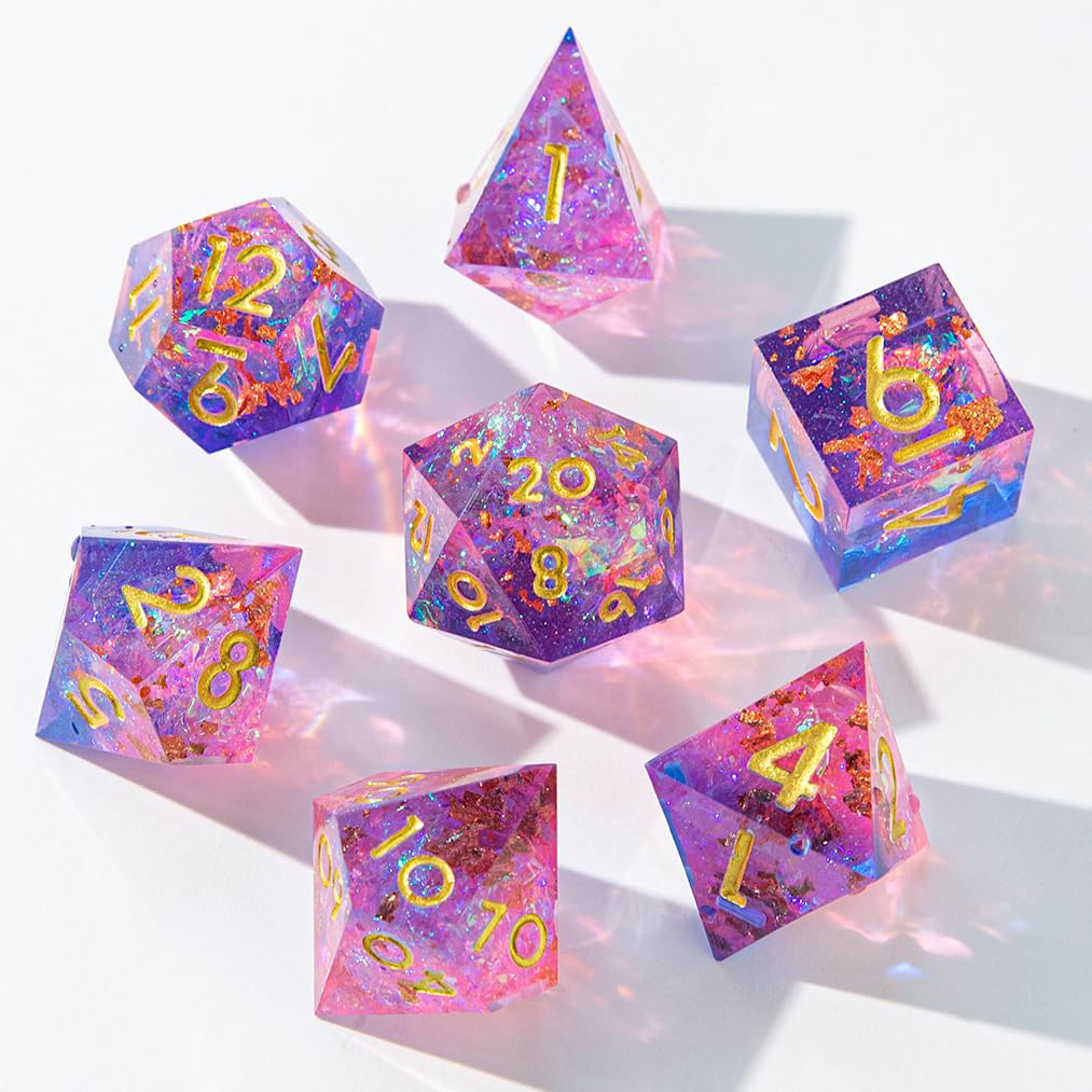 Set di dadi per DND Sharp Edge, fatti a mano, 7 accessori per giochi TTRPG, giochi di ruolo multifacciali, resina poliedrica con bordi affilati, giochi di ruolo Shadowrun Pathfinder MTG