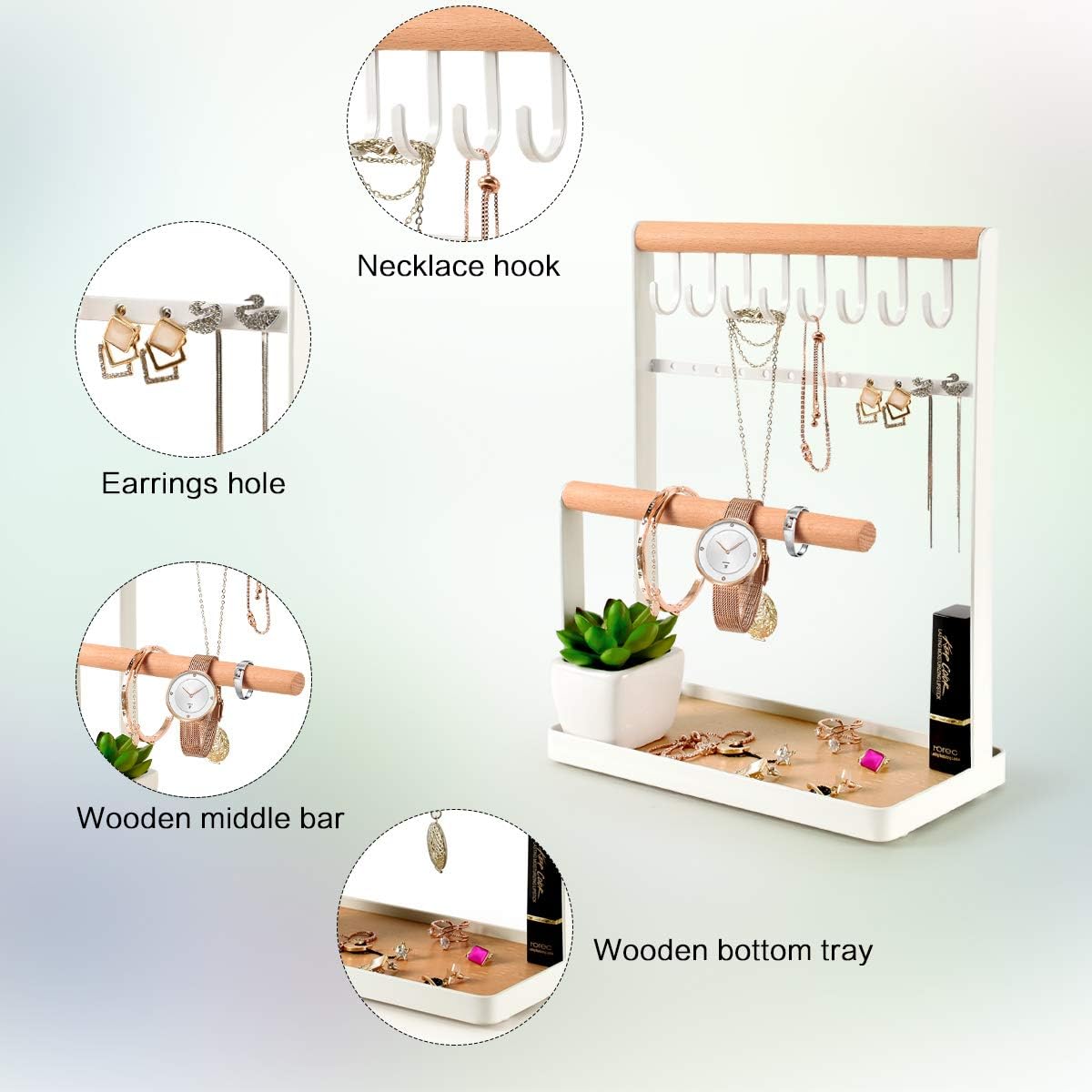 PAMANO Jewelry Stand Holder, 4-Tier Necklace Hanging Wooden Ring Organizer Earring Tray, 8 Hooks 12 Earrings Holes Storage Necklaces, Bracelets, Rings & Watches On Desk Tabletop - White : Clothing, Shoes & Jewelry