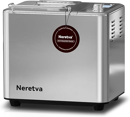 Neretva Bread Maker, 20-IN-1 2LB Bread Machine Dual Heater Bread Maker Machine Automatic with Nonstick Ceramic Pan, 15H Timer & 1H Keep Warm Set, Low Noise, Stainless Steel Breadmaker Recipe-Silver