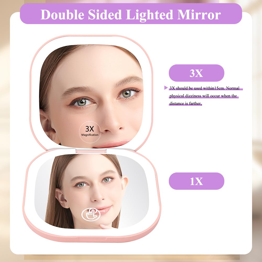 HOTUT Specchio da Trucco con Luce LED,1X/3X Specchio Ingranditore da Viaggio,3 Colori di Luce,Luminosità Regolabile,USB Ricaricabile a Specchi Illuminato Bifacciale,Ideale per Casa e Viaggio,Rosa