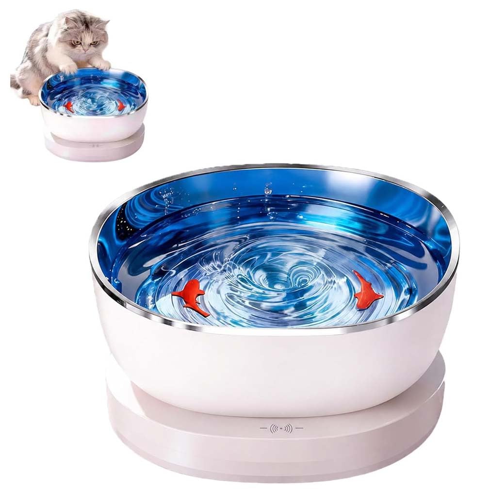 Magnetic Cat Water Fountain, Magnetischer Katzen-Trinkbrunnen, Katzenbrunnen Kabellos 0.8L, mit interaktivem Fisch-Motion-Design, ultraleise Trinkbrunnen, Edelstahl-Tablett