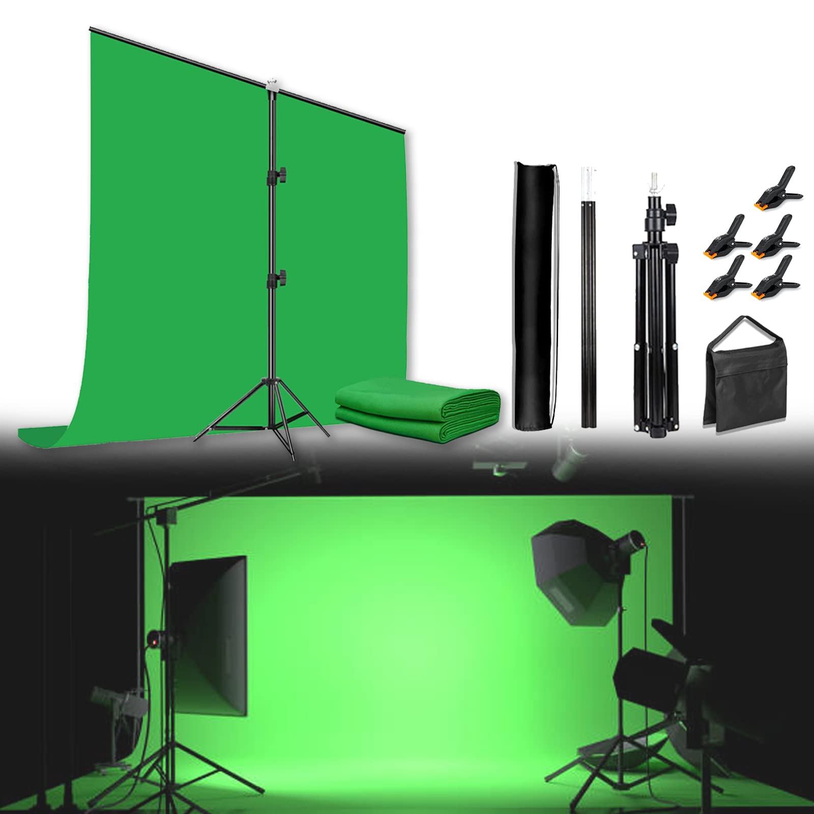 Sfondo Fotografico Kit, 2 x 2 m Verde Green Screen Kit per Studio Fotografico Supporto Regolabile con 5 Clip e Borsa per Il Trasporto per Servizi Fotografici Streaming Video