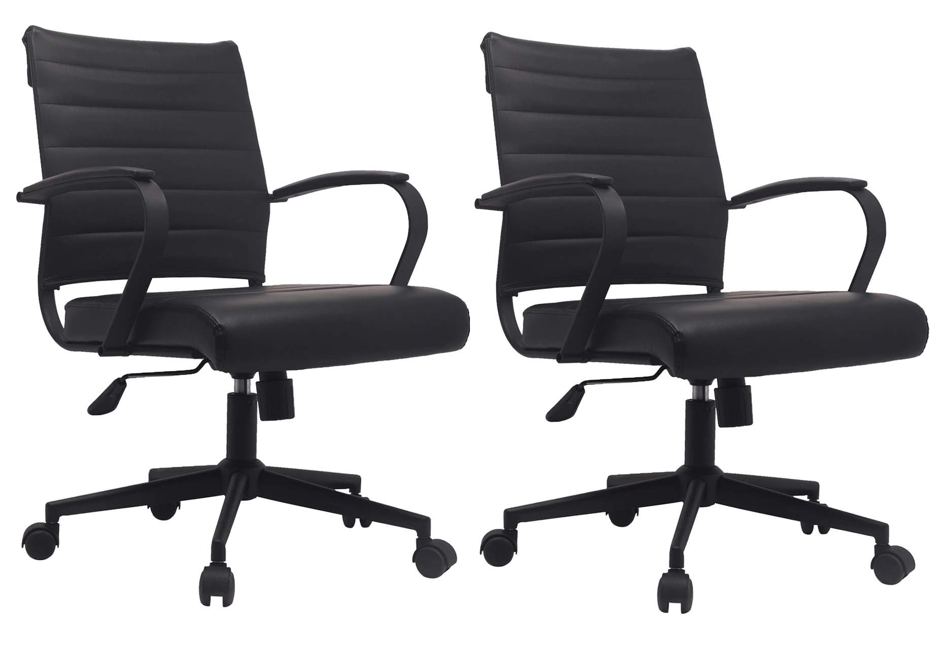 Set of 2 Black Modern Mid Back Ribbed PU Leather Swivel Tilt Adjustable Chair Designer Boss Executive Management Manager Office Conference Room Work Task Computer on Black Base