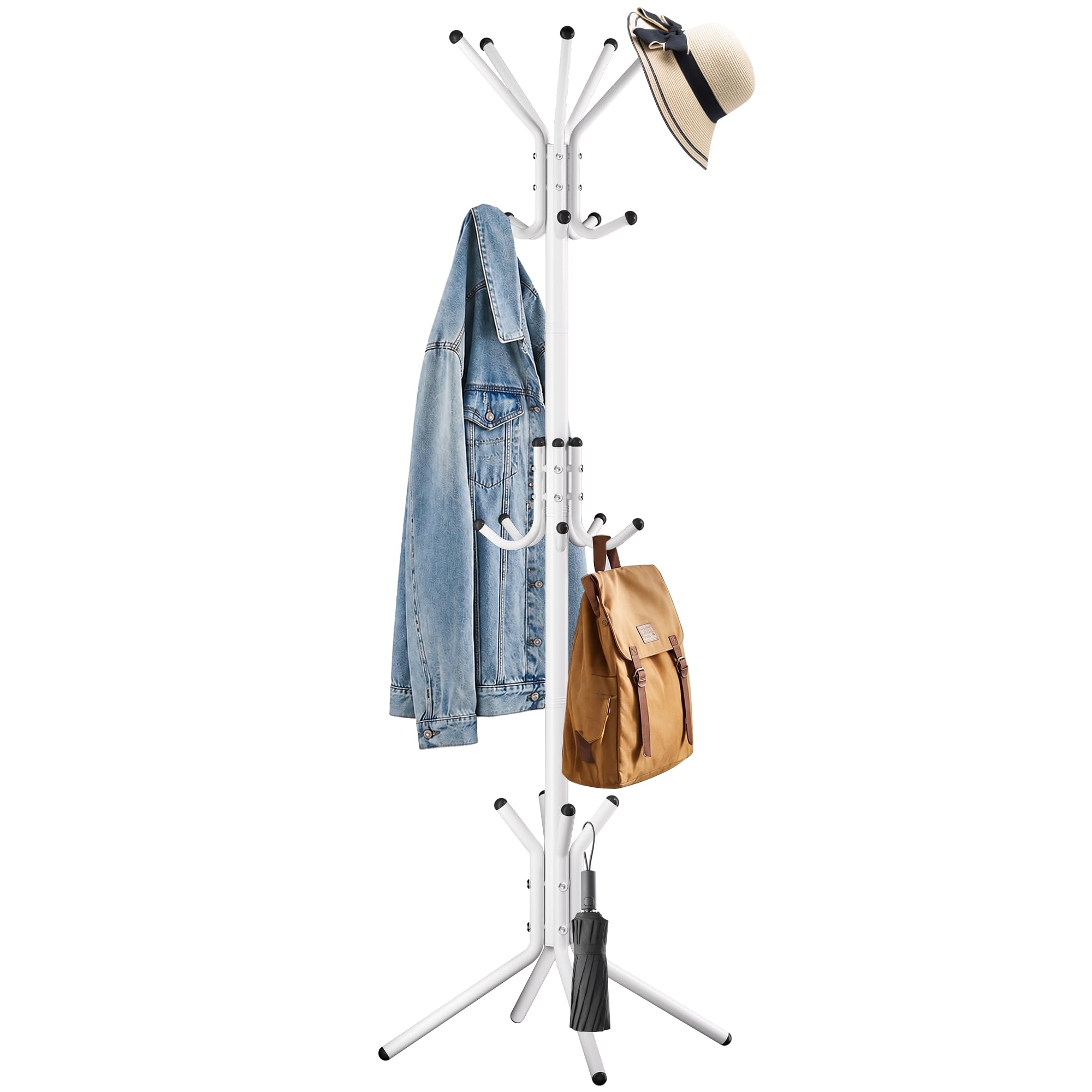 OUTGUAVA Coat Rack, Metal Coat Tree, Freestanding Organizer for Clothes, Hats, Bags, Umbrellas, 175cm Tall, 14 Hooks with 4 Legs, 3-Tier Storage, for Entryway, Living Room, Bedroom, White