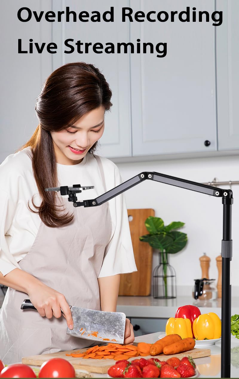 Soporte de suelo para teléfono móvil para grabación, soporte alto ajustable con brazo de extensión ultra largo, giro de 360°, compatible con iPhone, Samsung y más