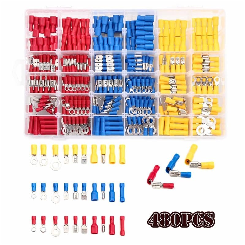 480PCS Insulated Cable Connector Electrical Wire Crimp Spade Butt Ring Fork Ring Lugs Rolled Terminals + Self Adjusting Plier - (Color: 480PCS Plier)