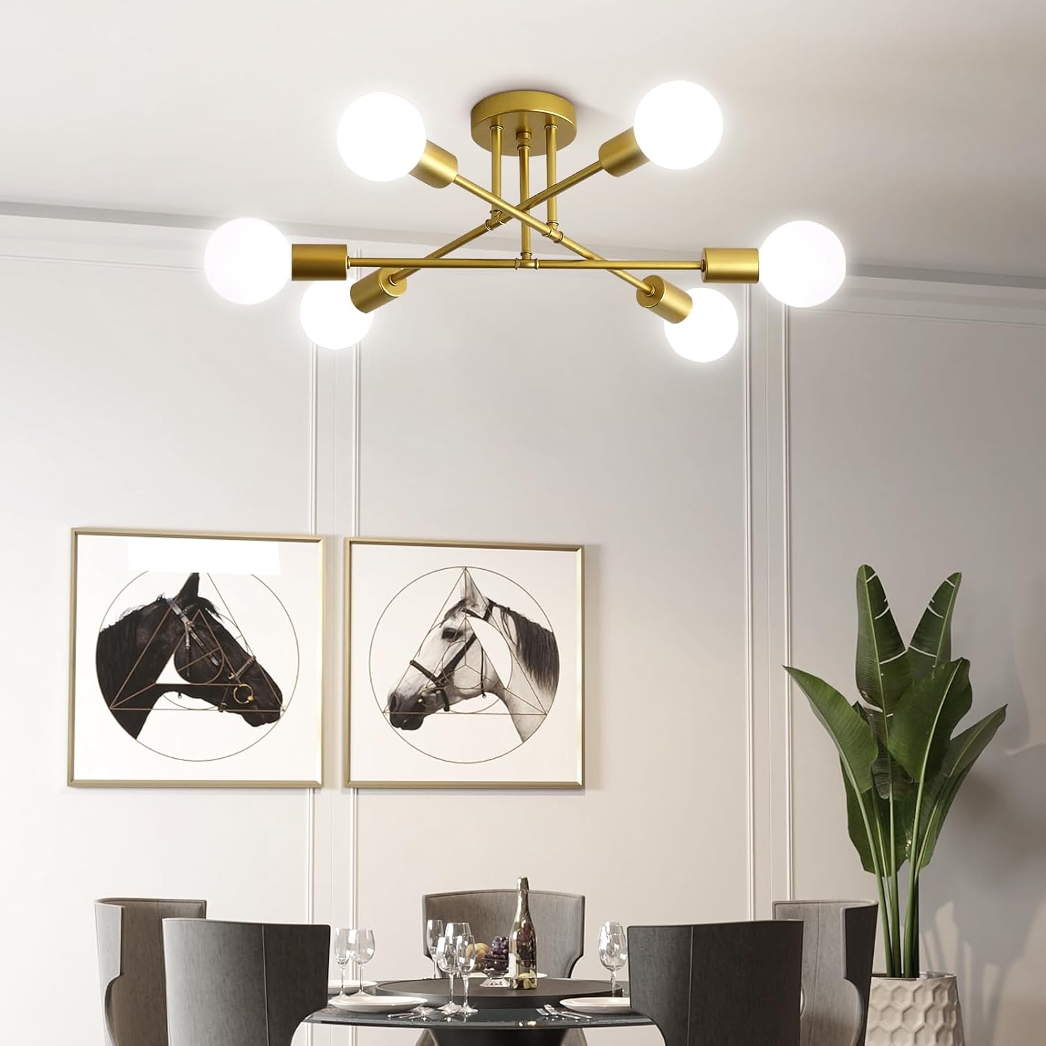 Ceiling Light Fixture, 6-Light Ceiling Light Chandelier, Modern Dinning Room Light Fixture, Sputnik Gold Light Fixtures Ceiling Mount, Semi Flush Mount Ceiling Light Fixtures for Living Room
