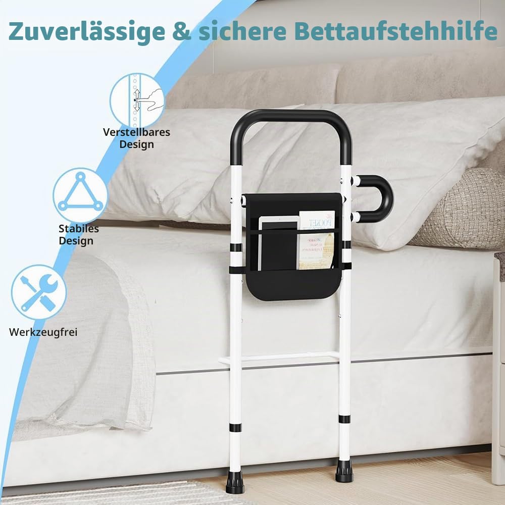 Bett Aufstehhilfe Für Senioren，Aufstehhilfen，Der Ältere Mensch Verwendet Ein Höhenverstellbares Bettseitengitter Mit Aufbewahrungstasche, Das Hilft, Stürze Zu Vermeiden Und Sicher Und Stabil Ist.