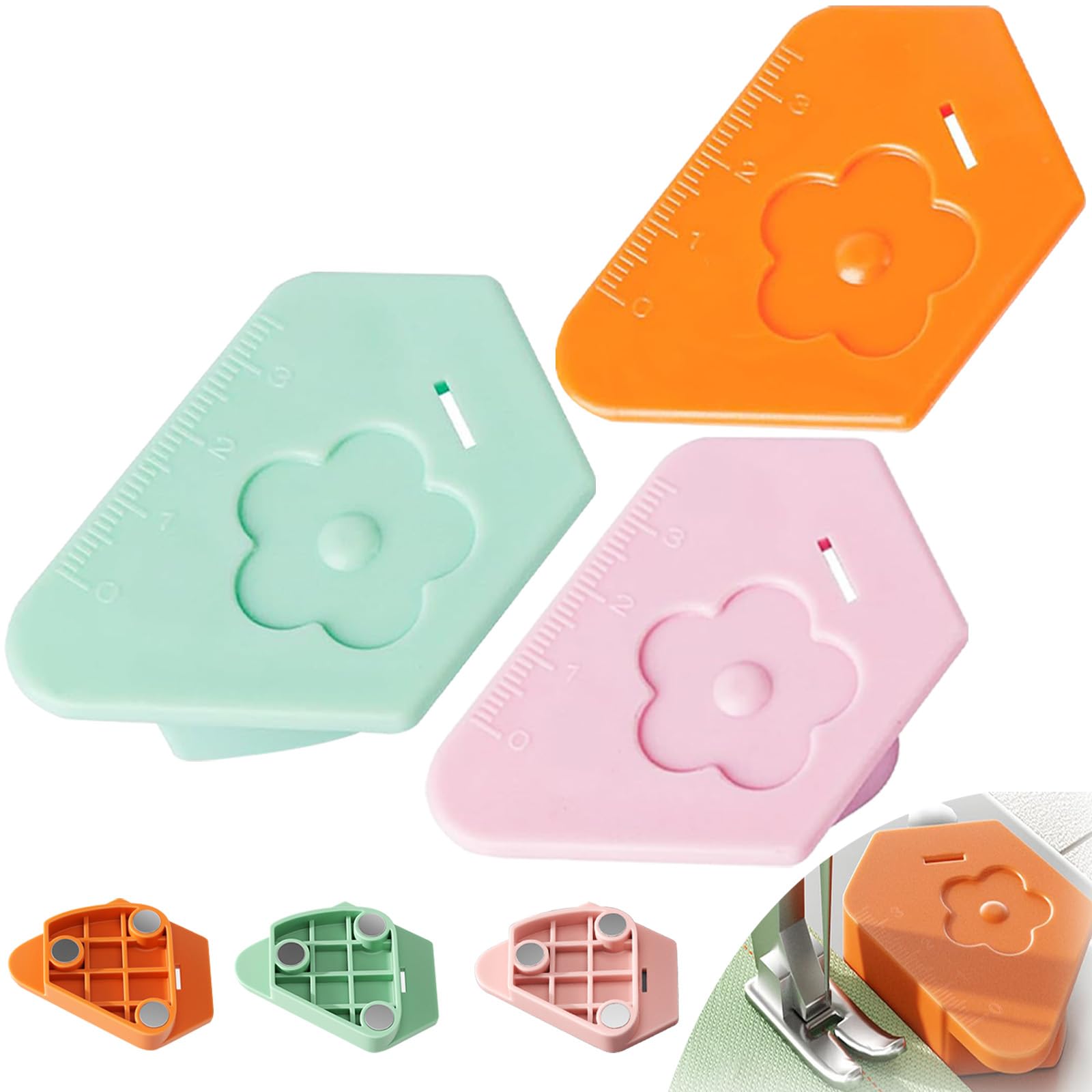 3 Pack Magnetic Seam Guide, Magnetic Seam Guide for Sewing Machine, Upgrade Polygonal Multifunctional Seam Guide Hemmer with Scale, Sewing Supplie Accessories (Pink, Green, Orange)