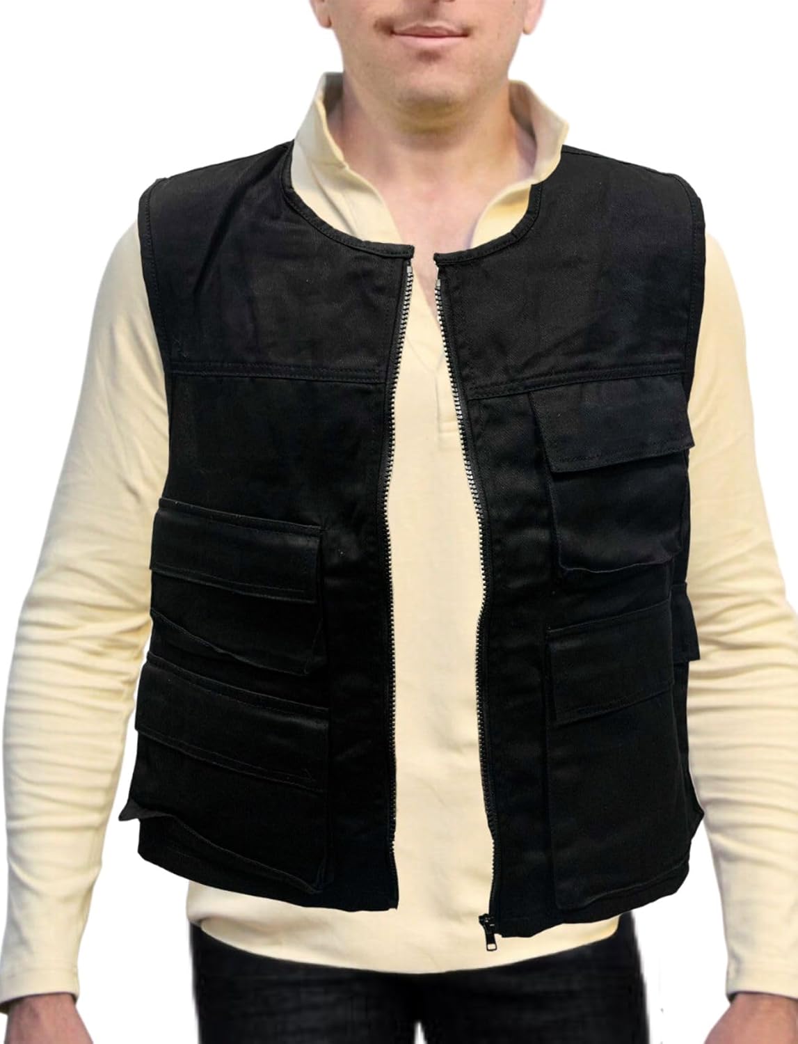 My Party Shirt Han Black Vest - Smuggler Costume Utility Cargo Pockets - Movie Halloween Cosplay - Zip-Up Sleeveless Jacket