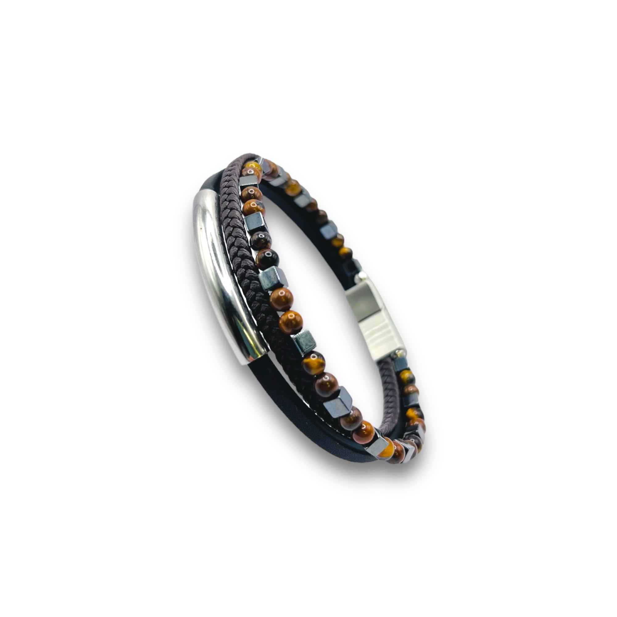 A&D MARKET Pulsera Hombre de piel - Brazalete de cuero premium con cierre magnetico, acero inoxidable. 21 centimetros cuero negro y marron